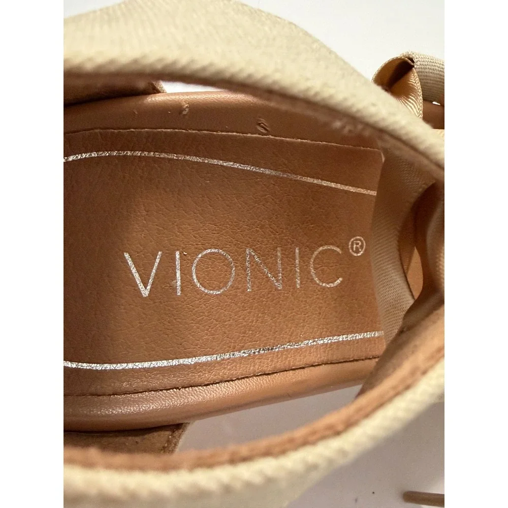 Vionic Kaitlyn Tan Canvas Ribbon Lace Up Espadrille Wedge Sandals Womens 7 Wide